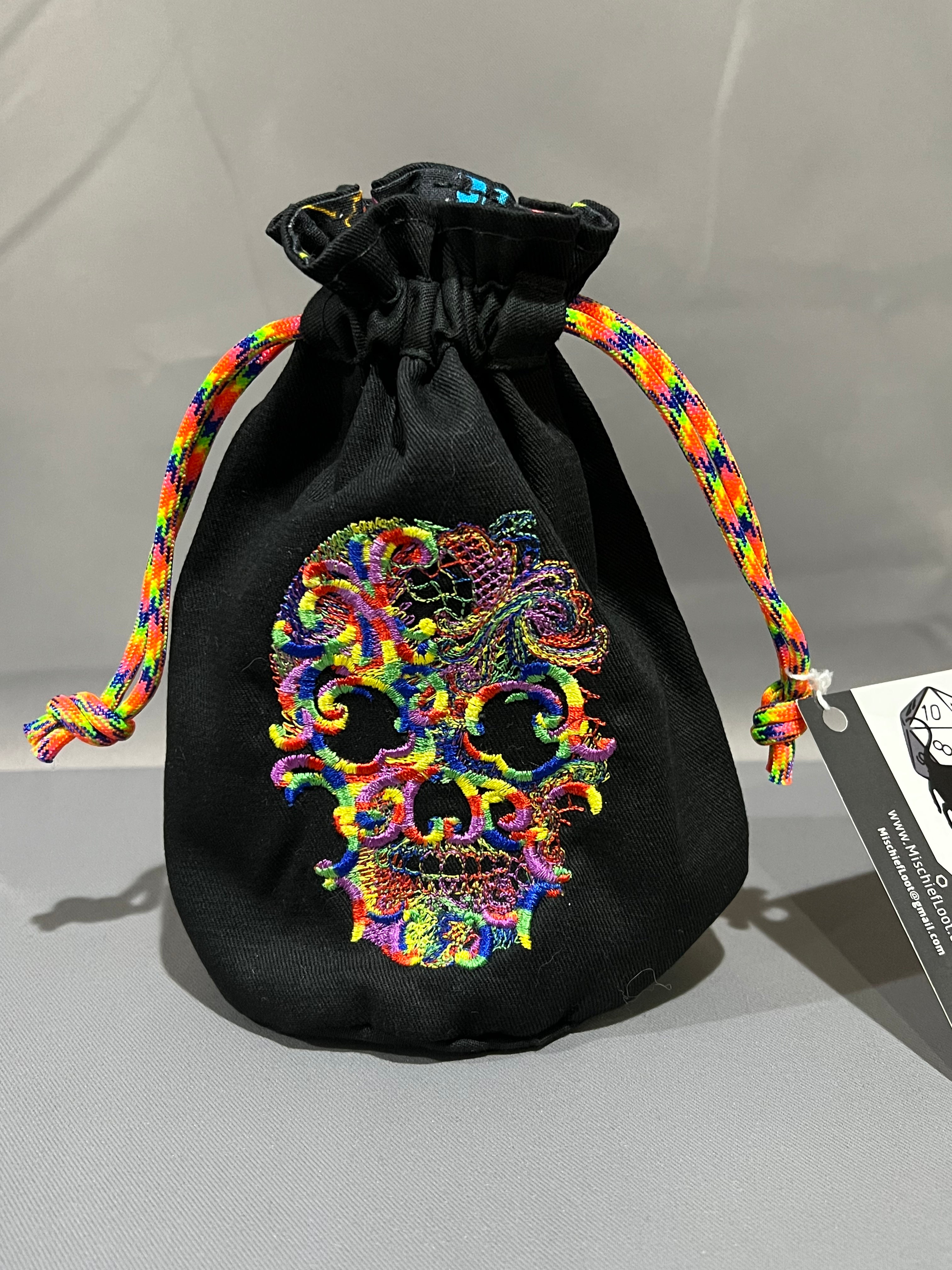Embroidered Dice Bag: Rainbow Skull