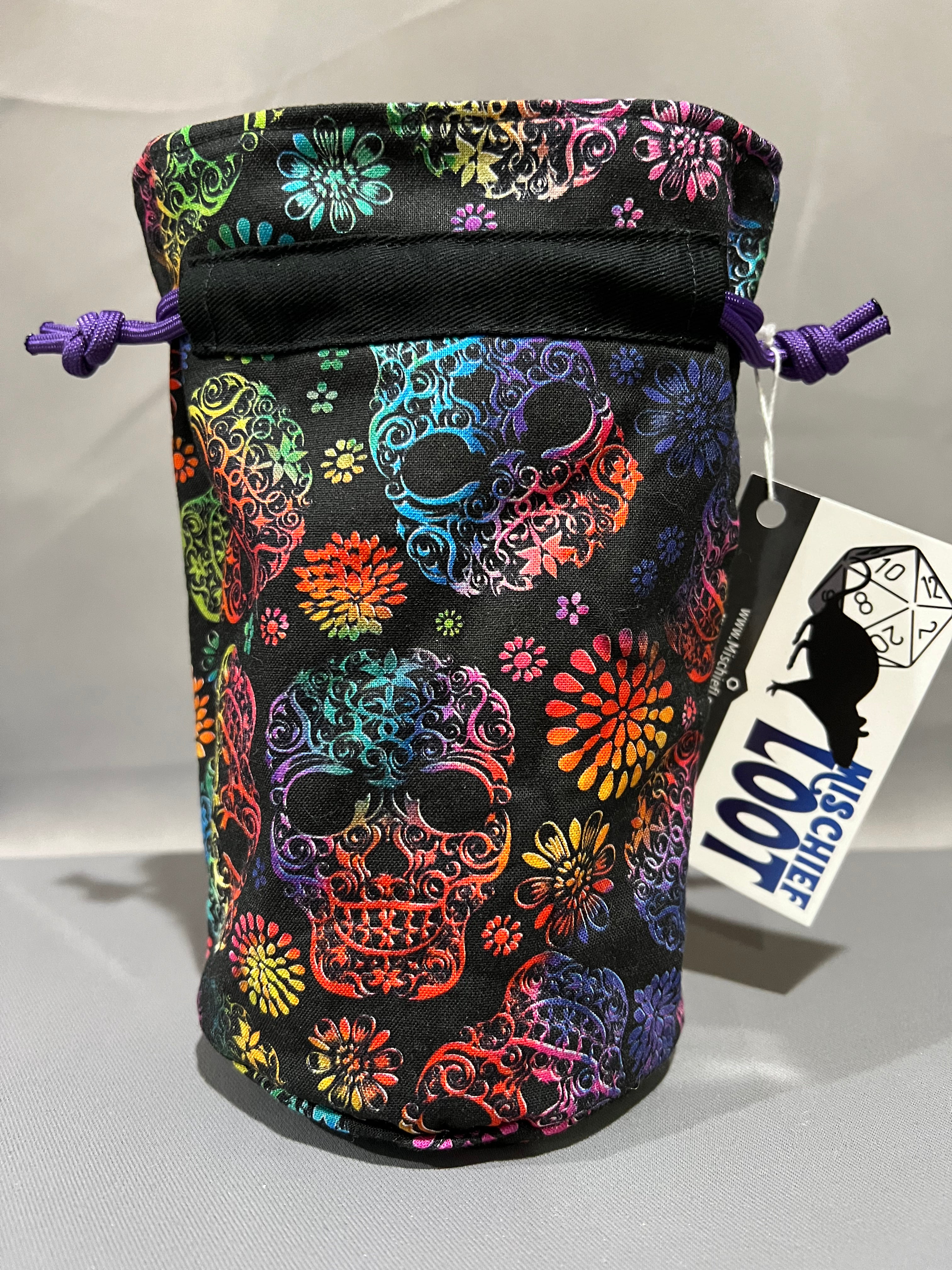 Print Fabric Dice Bag: Baroque Rainbow Skulls